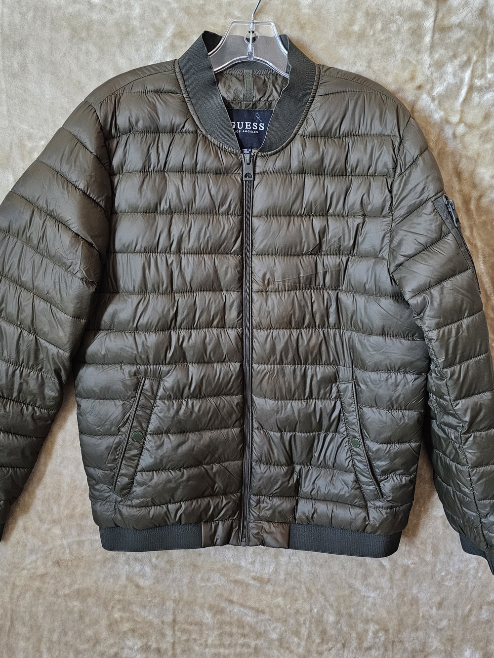 GUESS Men's Olive Green Quilted Puffer Bomber Jacket